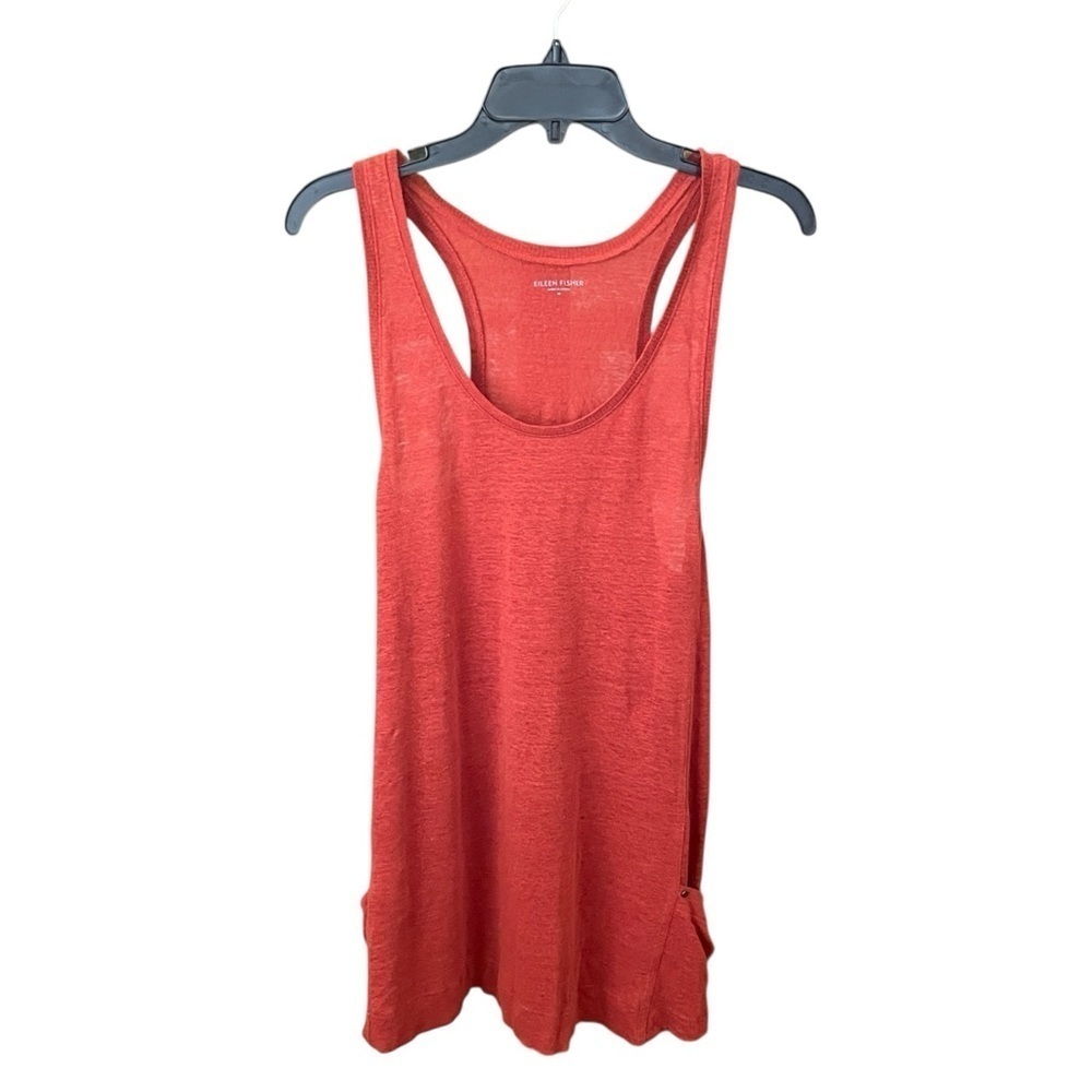 Eileen Fisher 100% linen slouch racer back tunic tank pockets MED burnt orange